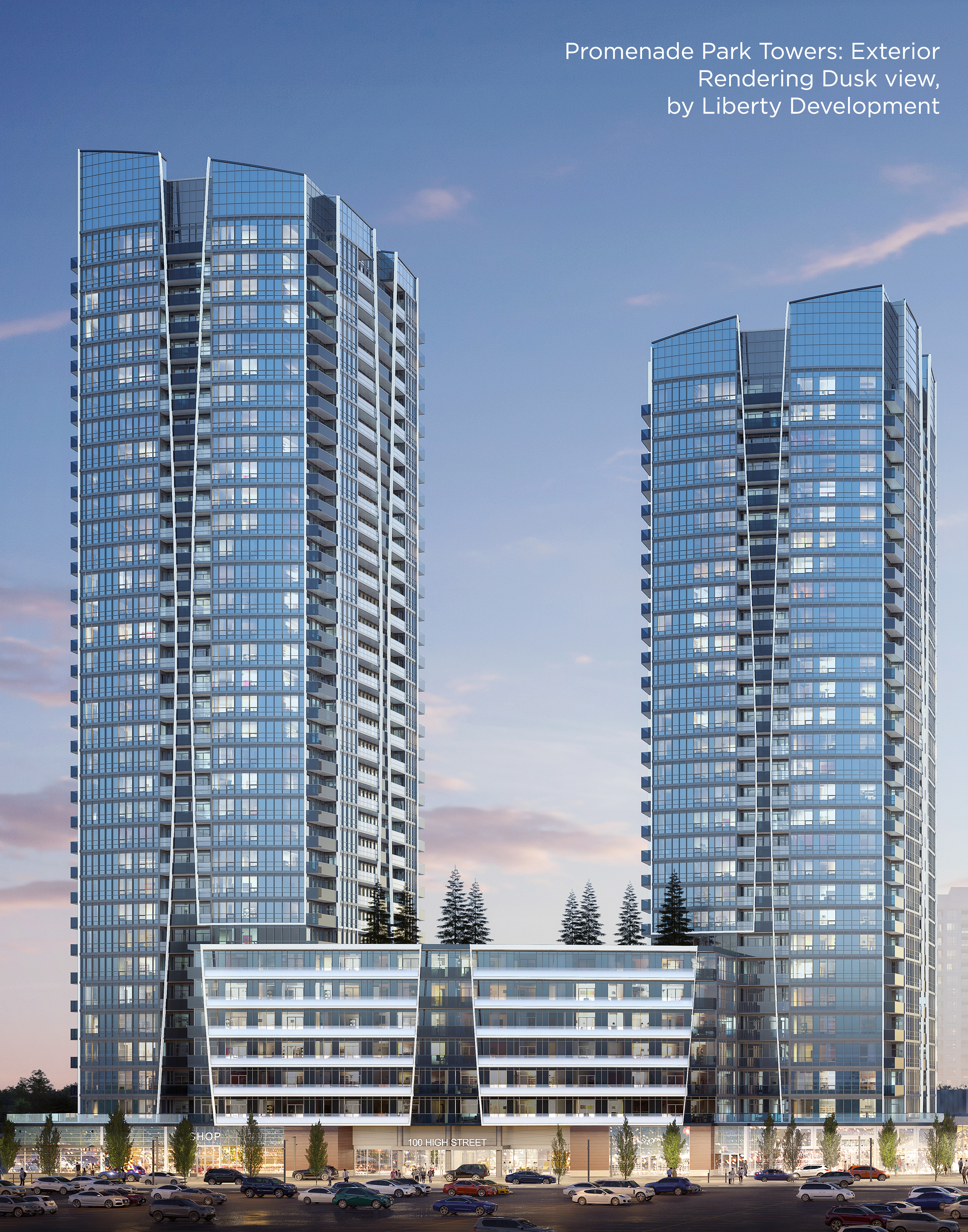 Promenade Park Towers Rendering Dusk View - By Liberty Development
